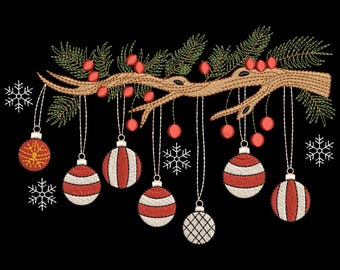 Christmas Tree Ornament Branch Embroidery, Hanging Baubles & Pine Needle Stitch, Red Baubles on Pine Branch, Holiday Decor Embroidery