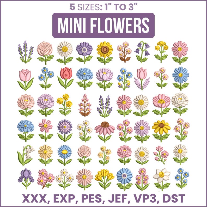 Floral Machine Embroidery Design Bundle, Mini Flower Designs, Satin ...