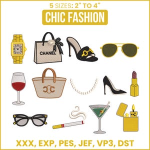 Chic Fashion Mini Embroidery Design – Martini Glass, Lipstick, Heels, Handbag, Sunglasses, Perfume | Girly Machine Files