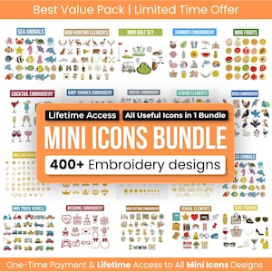 May include: A digital collection of 400+ embroidery designs titled Mini Icons Bundle. The image displays various categorized sets including sea animals, hunting elements, golf, fruits, cocktails, baby shower, coastal, sewing, birds, stars, trucks, wedding, cottage, school, and fashion icons.
