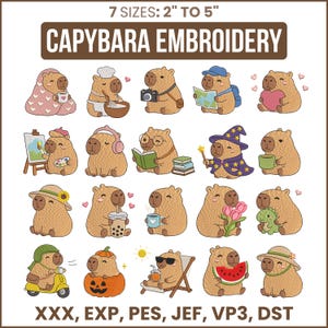 Può includere: Una collezione di venti disegni da ricamo a forma di capibara che mostrano varie attività come dipingere, leggere e tenere oggetti. Il testo recita 7 SIZES: 2" TO 5", CAPYBARA EMBROIDERY e i formati XXX, EXP, PES, JEF, VP3, DST in marrone.