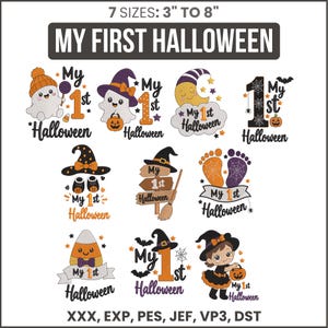 Peut inclure: Une collection de dix motifs de broderie machine avec le texte My First Halloween dans diverses polices et styles, incluant des fantômes, citrouilles, sorcières et lunes. Disponibles en 7 tailles de 7,6 cm à 20,3 cm aux formats XXX, EXP, PES, JEF, VP3 et DST.