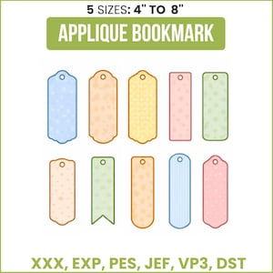 May include: A collection of ten applique bookmarks in various colors and patterns. The bookmarks range from 4 to 8 inches in size and feature designs such as floral, polka dots, and stripes. The text "APPLIQUE BOOKMARK" is displayed at the top.