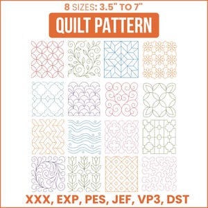 May include: A quilt pattern design with various stitched patterns in a grid. The text "QUILT PATTERN" is displayed above the patterns. The sizes range from 3.5" to 7". The file formats are listed at the bottom.