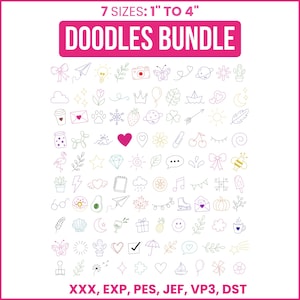 Puede incluir: Una colección digital titulada DOODLES BUNDLE que presenta varios iconos pequeños de arte lineal, incluyendo corazones, estrellas, plantas, animales y símbolos meteorológicos. El texto 7 SIZES: 1" TO 4" y los formatos XXX, EXP, PES, JEF, VP3, DST son visibles.