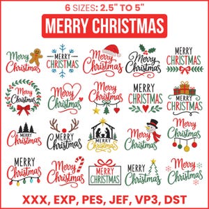 Puede incluir: Una colección de veinte diseños de bordado digital con el texto Merry Christmas en varias fuentes y estilos, incluyendo iconos como un hombre de jengibre, copos de nieve, un belén y regalos. Tamaños de 6,35 cm a 12,7 cm.