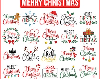 Op de afbeelding: Een collectie van twintig digitale borduurontwerpen met de tekst Merry Christmas in diverse lettertypes en stijlen, inclusief iconen zoals een peperkoekmannetje, sneeuwvlokken, een kerststal en cadeautjes. Maten van 6,35 cm tot 12,7 cm.
