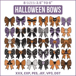 May include: A digital collection of 30 Halloween-themed bow designs in 8 sizes from 2.5" to 6". The graphic features various patterns including skulls, bats, pumpkins, ghosts, cats, stars, and moons in orange, black, white, and purple colors.
