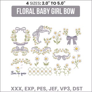 Op de afbeelding: Een verzameling bloemen baby meisje strik ontwerpen in verschillende stijlen, waaronder strikken, kransen en bloemstukken. De ontwerpen tonen witte madeliefjes met gele centra en groene bladeren. De tekst "FLORAL BABY GIRL BOW" wordt weergegeven. Maten variëren van 5.08 cm tot 12.7 cm.