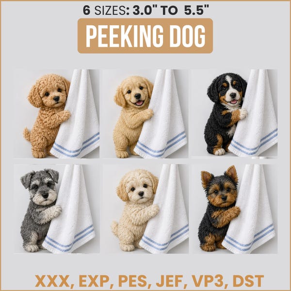 Cute Puppy Peeking Towel Embroidery Designs, Dog Bundle ITH Kitchen Dish Towel, Labrador Husky Shih Tzu Dachshund Machine Embroidery Files