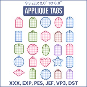 Puede incluir: Una colección de veinticinco etiquetas de aplique digitales en varias formas, incluyendo círculos, corazones, estrellas y rectángulos. Cada etiqueta presenta un patrón de cuadros vichy en rosa, azul, verde o morado. Texto: 9 SIZES: 2.0" TO 6.0" APPLIQUE TAGS XXX, EXP, PES, JEF, VP3, DST.