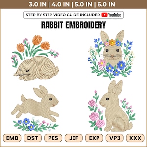Floral Bunny Machine Embroidery Design, 4 Cute Bunny Embroidery, Floral Bunny, Spring Rabbit Embroidery, Animal Embroidery, Easter Design