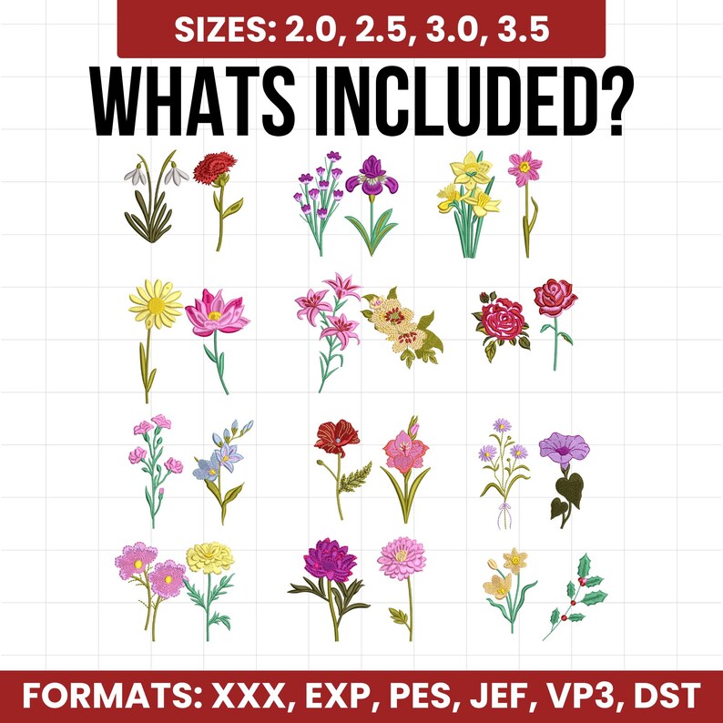 Birth Month Flowers- Mega Bundle- 24 flowers 4 sizes- Modern Cute Birth Month Florals Digital Embroidery Machine,Botanical Embroidery Bundle image 2
