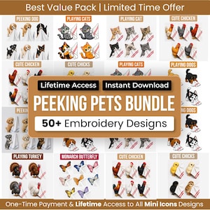 Pode incluir: Uma coleção digital de mais de 50 designs de bordado intitulada PEEKING PETS BUNDLE. A imagem mostra vários animais, incluindo cães, gatos, galinhas, perus e borboletas, cada um espreitando por cima de um pano branco com riscas vermelhas.