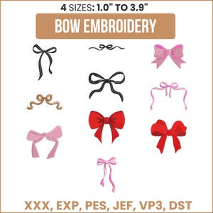 May include: A collection of embroidered bow designs in various colors, including black, red, pink, and gold. The text "BOW EMBROIDERY" is displayed above the bows, with sizes ranging from 1.0" to 3.9".