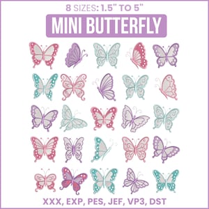Op de afbeelding: Een digitaal borduurontwerpblad getiteld MINI BUTTERFLY, met 20 unieke vlinderillustraties in tinten roze, paars en taling. De tekst 8 SIZES: 1.5" TO 5" en de bestandsformaten XXX, EXP, PES, JEF, VP3, DST zijn duidelijk zichtbaar op de afbeelding.