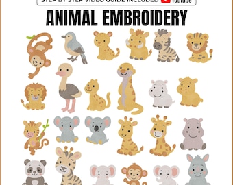 26 diseños de bordado de animales de safari, bordado a máquina de animales del zoológico, bordado para bebés, animales del bosque, animales de granja, 4 tamaños, descarga instantánea