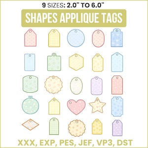 Puede incluir: Una colección de etiquetas de apliques en varias formas y colores pastel, incluyendo círculos, óvalos y etiquetas. Las etiquetas varían en tamaño de 5,08 cm a 15,24 cm. El texto "SHAPES APPLIQUE TAGS" se muestra en la parte superior.