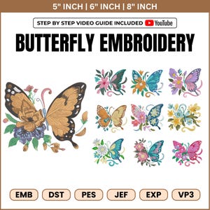 Floral Butterfly Machine Embroidery Design: 3 Sizes (Instant Download)