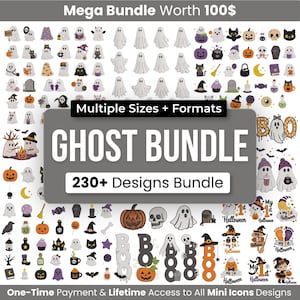Könnte beinhalten: Eine digitale Sammlung von über 230 Halloween-Grafikdesigns mit Geistern, Kürbissen, Totenköpfen, schwarzen Katzen und Grabsteinen. Das Bild enthält den Text Mega Bundle Worth 100$, Multiple Sizes + Formats, GHOST BUNDLE, 230+ Designs Bundle.