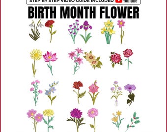 Fiori del mese di nascita - Mega Bundle - 24 fiori 4 misure - File per ricamo digitale moderno e carino con fiori del mese di nascita - Download immediato