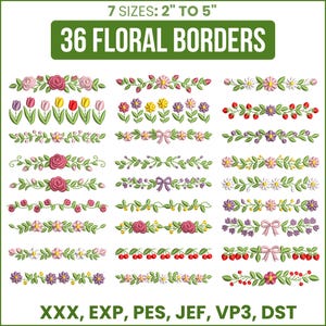 Op de afbeelding: Een afbeelding met 36 bloemenrandontwerpen met bloemen, bladeren en strikken. De ontwerpen zijn beschikbaar in 7 maten, variërend van 5,08 cm tot 12,7 cm. De afbeelding vermeldt ook compatibele bestandsformaten: XXX, EXP, PES, JEF, VP3 en DST.