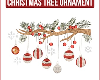 May include: An embroidery design of a brown tree branch with green pine needles and red berries. Seven hanging Christmas tree ornaments in red and white patterns are suspended from the branch. Text reads: 11 SIZES: 3" TO 8" CHRISTMAS TREE ORNAMENT XXX, EXP, PES, JEF, VP3, DST.