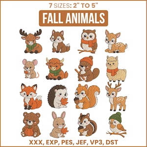 Puede incluir: Una colección de dieciséis diseños bordados de animales de otoño que incluyen un alce, zorro, búho, ciervo, ratón, vaca highland, castor, llama, erizo, ardilla, conejo y pájaro. El texto dice FALL ANIMALS 7 SIZES: 2" TO 5" y formatos XXX, EXP, PES, JEF, VP3, DST.