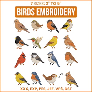 May include: A digital collection of 14 colorful bird embroidery designs featuring various species in different poses. The text reads 7 SIZES: 2" TO 5" BIRDS EMBROIDERY and lists file formats XXX, EXP, PES, JEF, VP3, DST at the bottom.