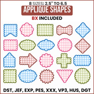 May include: A collection of twenty assorted applique shapes featuring a gingham check pattern in blue, pink, and green. The text reads 8 SIZES: 2.5" TO 6.5, APPLIQUE SHAPES, BX INCLUDED, and file formats DST, JEF, EXP, PES, XXX, VP3, HUS, DGT.