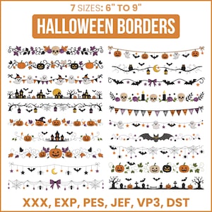 May include: A collection of digital embroidery designs featuring Halloween borders in 7 sizes from 6 to 9 inches. The patterns include pumpkins, ghosts, skulls, bats, spiders, haunted houses, and cobwebs in orange, purple, black, and white colors.