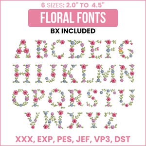 Floral Schrift Maschinenstickerei, A-Z Blumen Alphabet, Großbuchstaben, 6 größen, Instant Download
