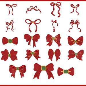 Pode incluir: Uma coleção de 19 desenhos de bordado de laços de Natal vermelhos. Os laços variam em estilo e tamanho, de 3,8 cm a 10,2 cm. A imagem inclui o texto "CHRISTMAS BOWS" e "BONUS Get Free 100+ Random Embroidery Designs".