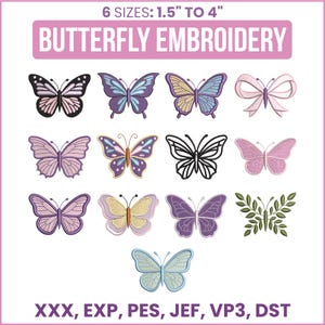 Op de afbeelding: Een digitale collectie vlinderborduurontwerpen in 6 maten van 3,8 cm tot 10,2 cm. De set bevat diverse vlinderillustraties in tinten paars, roze, blauw, geel en zwart, plus een strik en een bladmotief. Bestandsformaten: XXX, EXP, PES, JEF, VP3, DST.