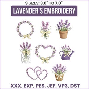 Diseños de bordado de lavanda: Juego de coronas florales (3-7 pulgadas, descarga instantánea)