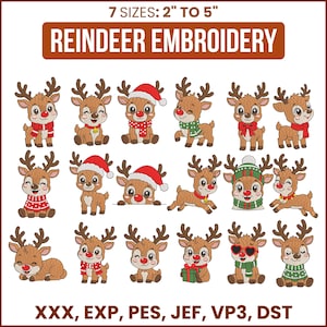 Puede incluir: Una colección digital de diecisiete diseños de bordado de renos en varias poses, con narices rojas, bufandas y gorros. El texto dice 7 SIZES: 2" TO 5", REINDEER EMBROIDERY y XXX, EXP, PES, JEF, VP3, DST. Los renos son de color marrón con astas.