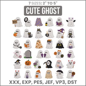 Puede incluir: Una colección de treinta ilustraciones de fantasmas en varias poses y temas, incluyendo fantasmas con calabazas, libros, gatos y sombreros. El texto dice 7 SIZES: 5 cm TO 13 cm CUTE GHOST y formatos XXX, EXP, PES, JEF, VP3, DST. Cada fantasma es de color gris claro.