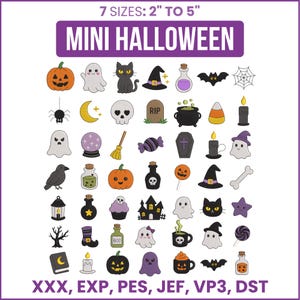 Puede incluir: Una colección de 48 iconos bordados con temática de Halloween, incluyendo calabazas, fantasmas, gatos negros, sombreros de bruja, pociones, murciélagos y calaveras. El texto dice MINI HALLOWEEN, 7 TAMAÑOS: 5 cm A 13 cm, y formatos XXX, EXP, PES, JEF, VP3, DST.