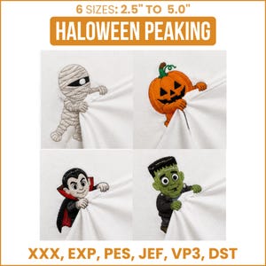 以下が含まれることがあります： HALOWEEN PEAKINGと題された4種類のミシン刺繍デザインセット。ミイラ、カボチャ、吸血鬼、モンスターが描かれています。背景には6 SIZES: 6.35 CM TO 12.7 CMという文字と、XXX、EXP、PES、JEF、VP3、DSTというファイル形式が記載されています。
