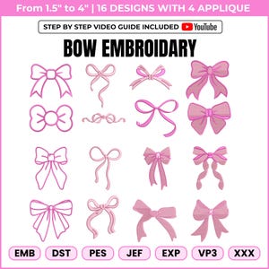 Può includere: Una grafica rosa e bianca con 16 disegni di ricamo a fiocco. Il testo "BOW EMBROIDARY" è visualizzato in lettere grandi e in grassetto. L'immagine include il testo "Da 3,8 cm a 10,2 cm | 16 DISEGNI CON 4 APPLICAZIONI" e un logo di YouTube.