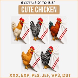 Könnte beinhalten: Fünf farbenfrohe Hühnerdesigns, die jeweils ein weißes Handtuch mit roten Streifen halten. Der Text "CUTE CHICKEN" ist über den Bildern zu sehen. Die Größen reichen von 7,6 cm bis 14 cm.