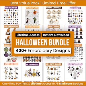 May include: A digital collection of 400+ Halloween embroidery designs featuring various icons like ghosts, pumpkins, gnomes, and hats. The display includes text labels such as Mini Halloween, Halloween Peaking, Pumpkin Embroidery, and Halloween Bundle.