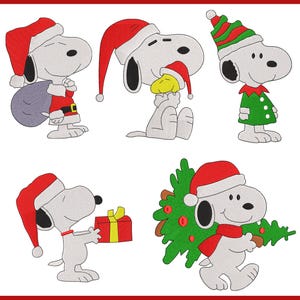 May include: Embroidery designs of Snoopy in festive Christmas attire. Snoopy is shown with a Santa hat, holding a present, and carrying a Christmas tree. Sizes available from 6.35 cm to 17.78 cm.