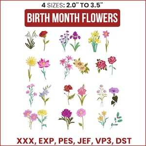 Paquete de flores para el mes de nacimiento (24 flores, 4 tamaños) - Bordado digital moderno y bonito con flores para el mes de nacimiento, bordado botánico.