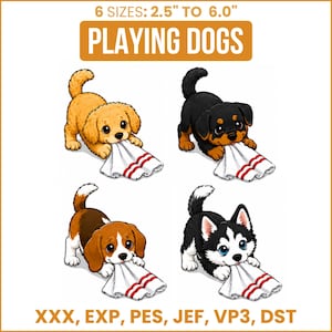 Può includere: Quattro cuccioli di cartone animato di diverse razze che giocano con un panno bianco a strisce rosse. Il testo recita 6 SIZES: 6,35 cm TO 15,24 cm PLAYING DOGS e XXX, EXP, PES, JEF, VP3, DST. I cuccioli sono dorati, nero focato, marrone e bianco, e nero e bianco.