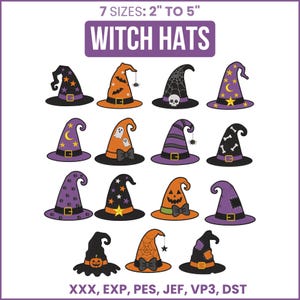 Puede incluir: Una colección de 15 ilustraciones digitales de sombreros de bruja con diseños de calabazas, estrellas, lunas, calaveras, arañas y huesos. El texto dice 7 SIZES: 2" TO 5" WITCH HATS y formatos XXX, EXP, PES, JEF, VP3, DST en morado y negro.