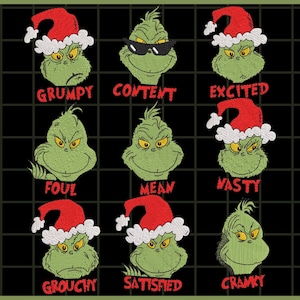 Op de afbeelding: Een digitaal borduurontwerp met negen Grinch-gezichten met verschillende uitdrukkingen, elk met een kerstmuts of zonnebril. De tekst bevat "Grumpy", "Content", "Excited", "Foul", "Mean", "Nasty", "Grouchy", "Satisfied" en "Cramky". Maten variëren van 7.6 cm tot 17.8 cm.