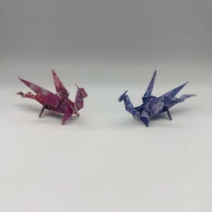 Pair of Origami Dragons  – Symbol Good Fortune, Power and Prosperity, Standing with Wings Back, Cherry Blossom Paper, Spring Florals
