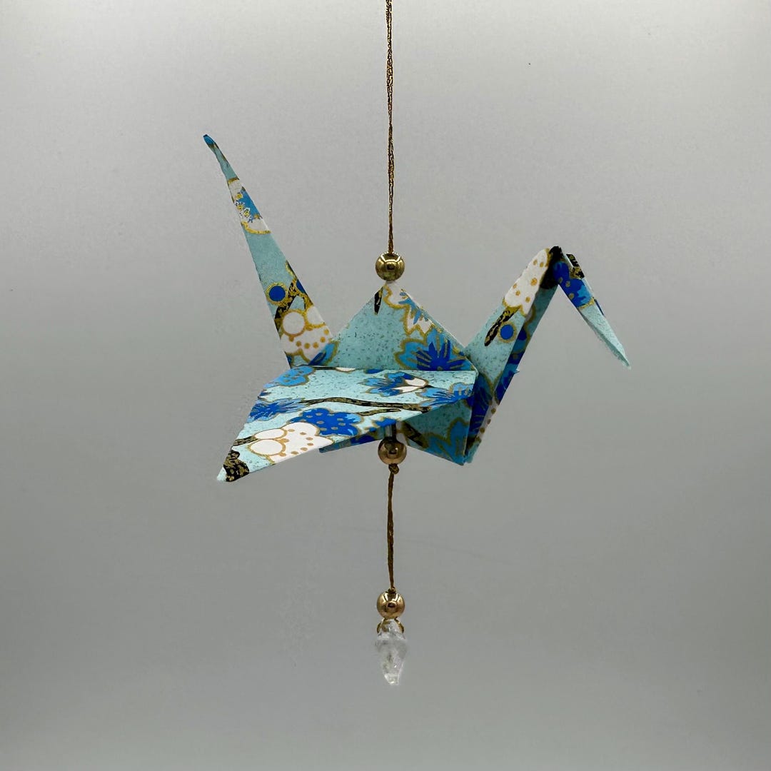 Blue Origami Crane Ornament - Yuzen Washi Paper, Crystal Accent - Etsy