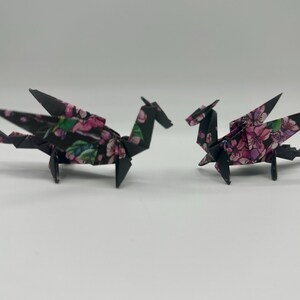 Pair of Origami Dragons – Symbol Good Fortune, Power and Prosperity, Standing with Wings Back, Black with Pink Cherry Blossoms